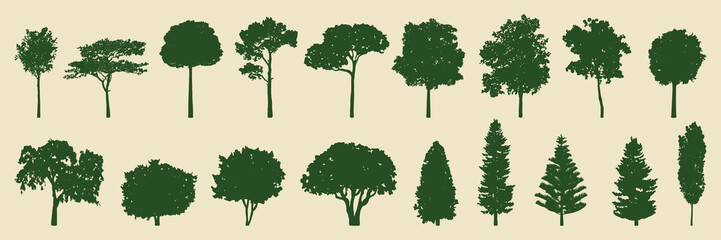 Silhouettes of various tree shapes. Tree silhouettes include deciduous and coniferous types. Tree shapes in green on a beige background. Silhouette forest elements, vector set. © Rawpixel.com