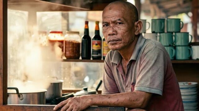 A contemplative elderly man gazes out from a street food stall, steam rising from cooking pots, surrounded by bottles and cups, revealing a glimpse of vibrant street life