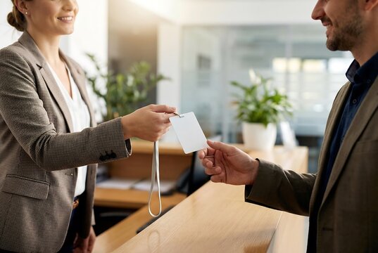 Woman handing blank identification pass to a man at reception. Event access and security concept for business meeting or conference.