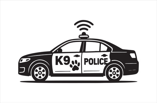 Black and white police car with k9 unit and signal