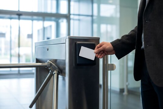 Worker hand holds proximity card for identification on a security access control system with turnstile. Modern office building entrance.