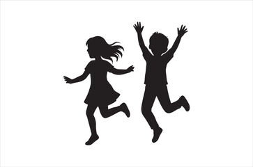 Obraz premium silhouette of two children jumping and playing happily together outside