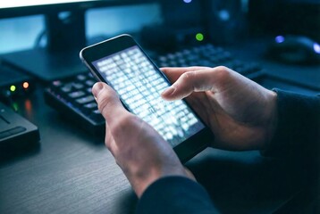 Man using smartphone for data analysis. Global network connection technology for internet security. Close up of male hand holding cell phone.