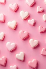 Fototapeta premium Cream hearts pattern on pink background, skincare product texture , banner, cosmetic, wallpaper