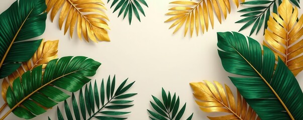 Naklejka premium Golden tropical leaves, art deco luxe wallpaper, gilded, palm