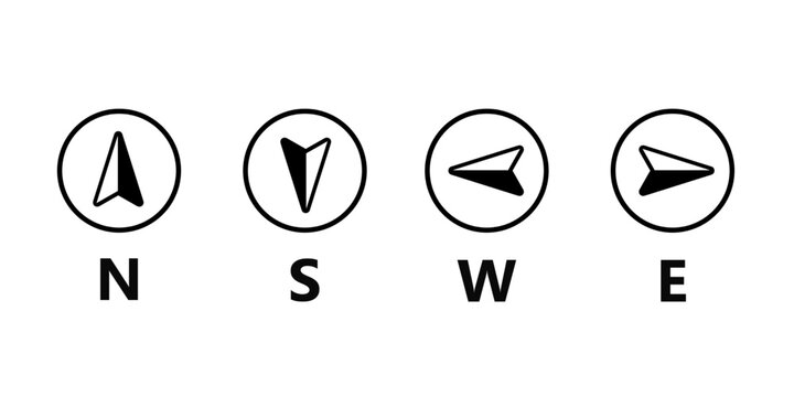 Compass icons of north, south, east and west direction isolated on white background.