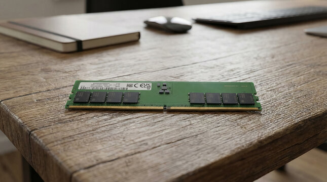 Desktop RAM Module on Wooden Table Workspace