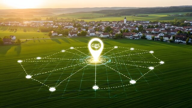 Precision agriculture and smart farming technology. GPS navigation and field mapping. Digital location icon over a green farmland landscape with a network grid and rural village.