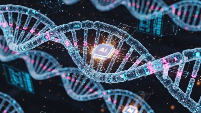 A digital representation of a DNA strand with an AI chip embedded in it. - Powered by Adobe
