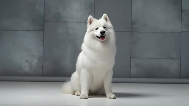 Elegant White Samoyed Dog Posing in Studio with Modern Concrete Background Display