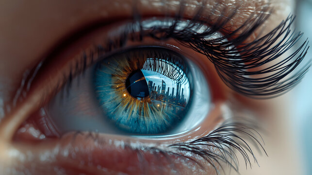 Macro photography of human eye with futuristic city reflection