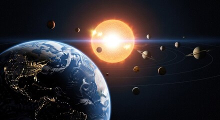 The Earth and its moons orbiting the sun in a solar system.