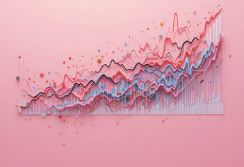 Multicolored wavy lines and bars on pink background graph chart