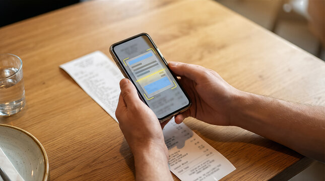 Person scanning paper receipt with smartphone app for expense tracking at restaurant table