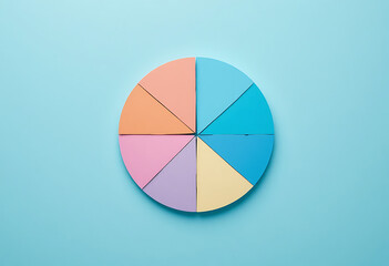Obraz premium Colorful pie chart divided into eight pastel colored sections on light blue background pastel colors