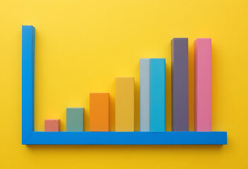 Colorful 3 D bar graph on yellow background with blue frame
