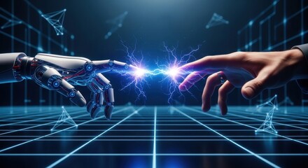 Two robotic hands connecting with a glowing light in a digital, futuristic setting.
