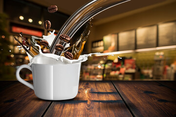 Coffee Pour Splash on Coffee Cup With Milk Splash and Coffee Beans. Capture using High Speed Photography With Coffee Shop Scene