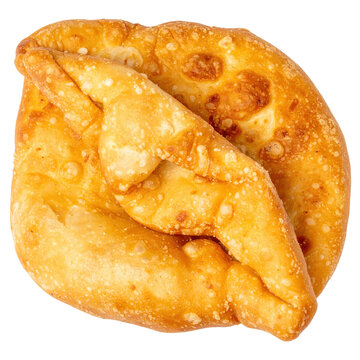 A close-up of a single fried chuchvara dumpling showing its crispy shell and filling on a pure white studio background