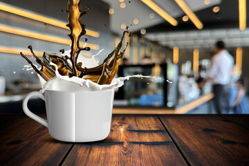Coffee Pour Splash on Coffee Cup With Milk Splash and Coffee Beans. Capture using High Speed Photography With Coffee Shop Scene