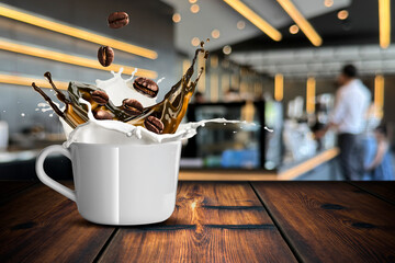 Coffee Pour Splash on Coffee Cup With Milk Splash and Coffee Beans. Capture using High Speed Photography With Coffee Shop Scene