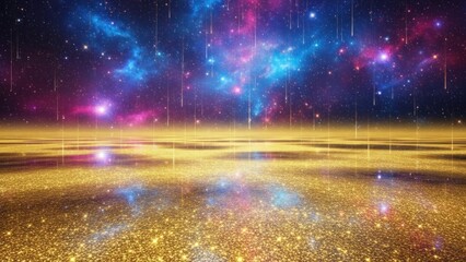 A vibrant, cosmic scene with stars, nebulae, and a golden, glittering floor.