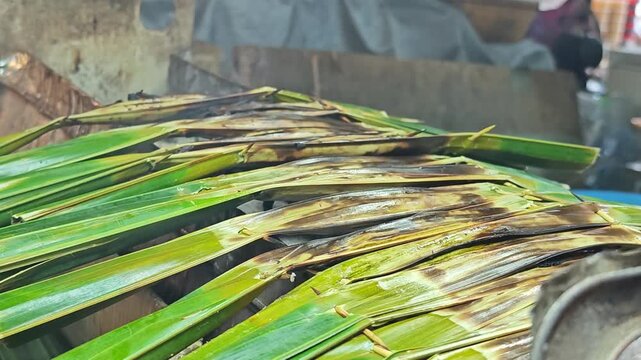 Nipa palm dessert. Sticky rice flour, palm sugar and shredded coconut meat.
