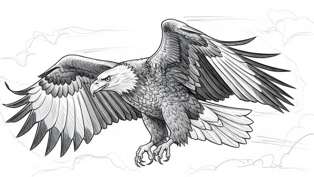 Illustration of a bald eagle in flight with outstretched wings against a cloudy sky in black and white.