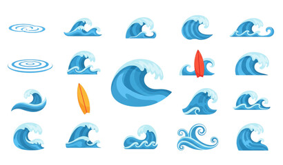 Cute sea wave and flowing water icons flat cartoon vector set isolated on transparent background © MdRoni
