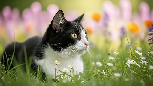 Black and white cat resting in a field of colorful spring flowers.