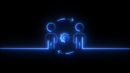 Neon line setting concept business man side with gears icon animation. Business analysis symbol 4K Video motion graphic. Neon man with gear wheels on black background concept of business workflow