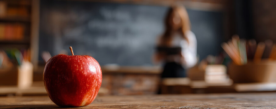 Apple red fruit school classroom teacher education desk wooden chalkboard Apple red fruit wooden classroom desk near chalkboard with teacher