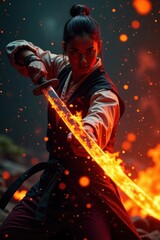 Blazing katana, fiery inferno engulfing blade, close-up, fire