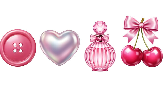 Collection of pink objects including button, heart, perfume bottle, and cherries with bow on transparent background