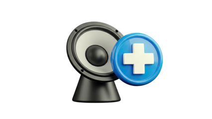3D Speaker Icon with Blue Plus Symbol