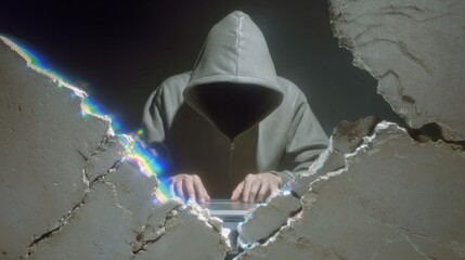 Computer hacker in hooded sweatshirt with hidden face using laptop, concept of data theft and cybersecurity vulnerability with copy space for web banner and advertising