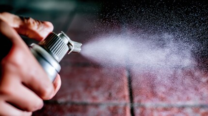 Handheld medical disinfectant sprayer emitting fine mist onto indoor surfaces for pathogen elimination, symbolizing maintaining a safe and sanitized environment for sanitation services