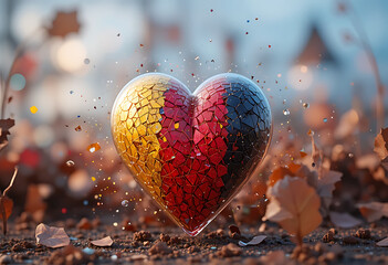 Obraz premium Mosaic heart with German flag colors on ground with autumn leaves broken cracked