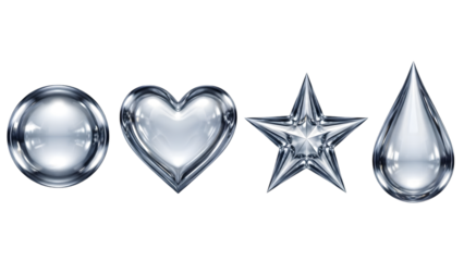 Four shiny crystal shapes including circle, heart, star and teardrop on transparent background