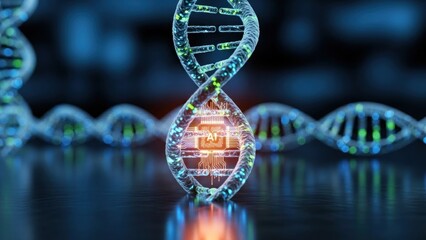 A DNA molecule with a glowing green and blue structure on a dark background.