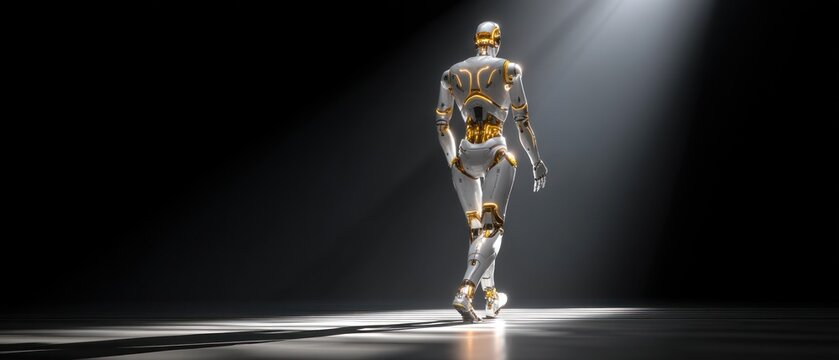 Futuristic robot walking towards light concept