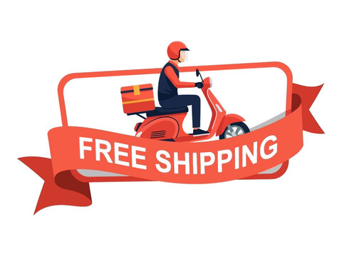 Dynamic illustration of a scooter delivery rider emphasizing a complimentary shipping service for convenient online shopping and prompt parcel delivery - Powered by Adobe