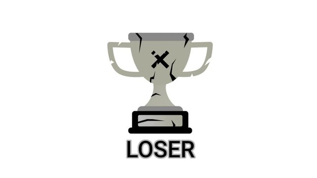 Cracked grey trophy animation with bold Loser text. Flat vector illustration displaying game over screens, failure concepts, and sarcastic competition results.