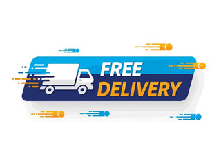 Streamlined graphic icon design featuring a blue and white delivery truck with 'Free Shipping'