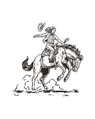 Vintage western cowgirl riding horse line art illustration