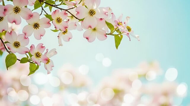 Close up of pink and white dogwood blossoms on a branch with a soft blue bokeh background.