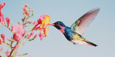 Obraz premium Inspiring Tropical Hummingbird on Pride of Barbados Flower Vibrant Nature Content for Travel Marketing and Exotic Locations