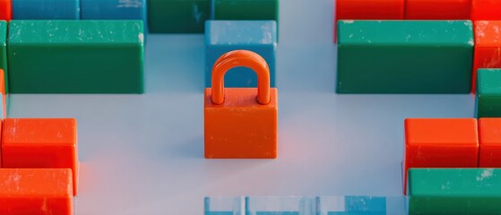 Orange padlock icon representing secure internet gateway and user privacy encryption with futuristic holographic interface concept for cybersecurity software