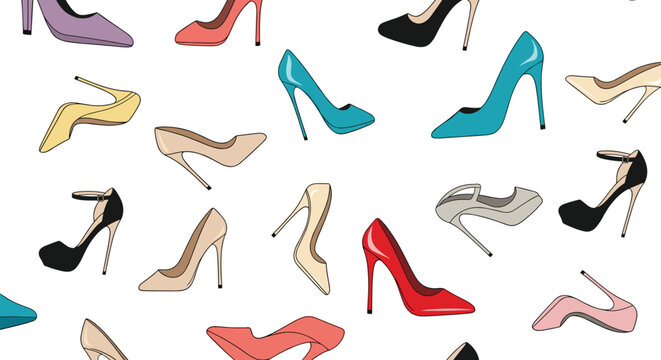 Seamless pattern featuring a variety of colorful women's high heel shoes in different styles and colors on a white background for fashion lovers.