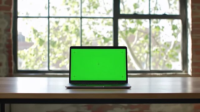 Open Laptop With Green Screen Chroma Key Display on a Wooden Table in Front of Large Industrial Window with Natural Light and Green Trees Outside